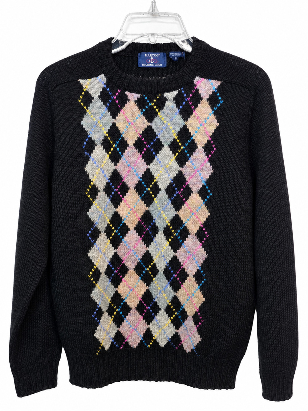 Vintage Hartog Marine Club Sweater Mens Small Black 100% Wool Argyle 80s Preppy